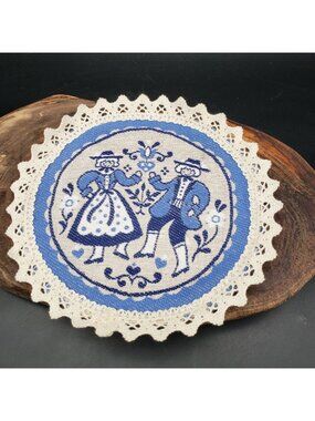 Vintage Crochet Fabric Trivet Hot Pad Blue Folk Art Dutch Scandinavian Style 7”